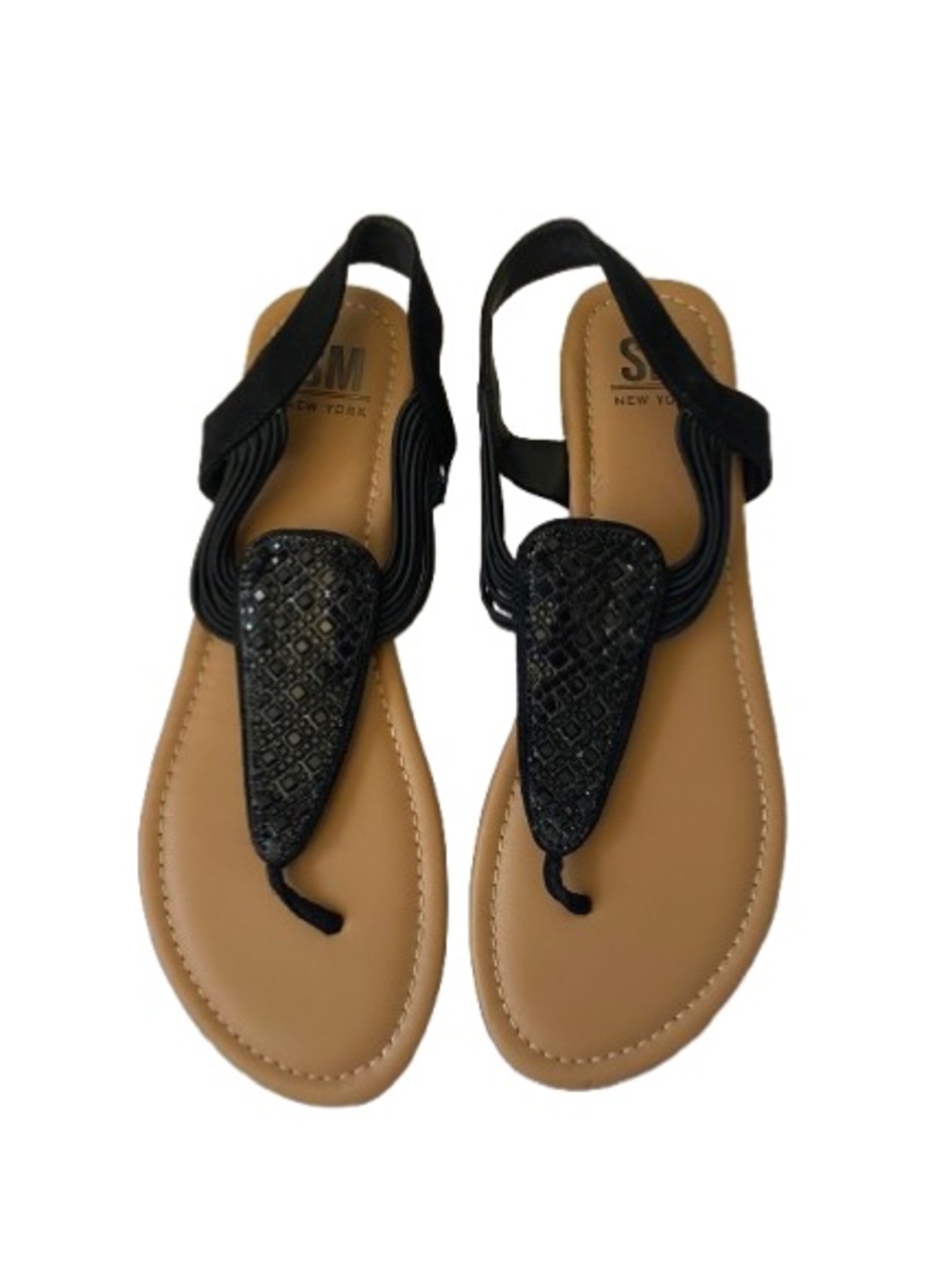 SM New York Black Strappy Thong Sandals with Tan Footbed Size 10